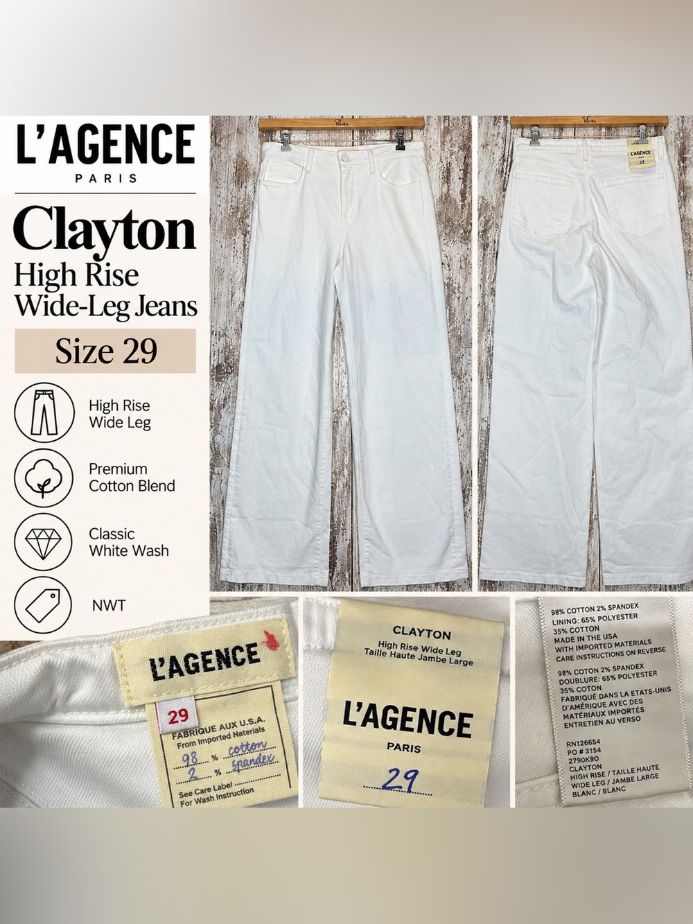 L’AGENCE Clayton High Rise Wide Leg Jeans Women’s 29 Blanc White NWT